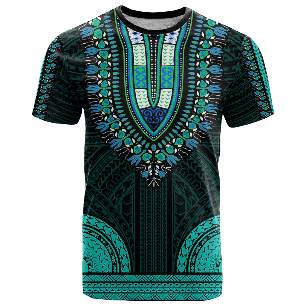African Dashiki T Shirt With Polynesian Pattern - Teal - Wonder Print Shop