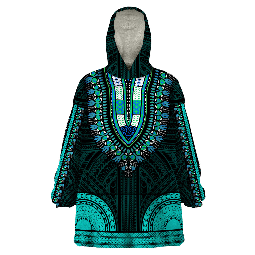 African Dashiki Wearable Blanket Hoodie With Polynesian Pattern - Teal - Wonder Print Shop