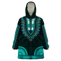 African Dashiki Wearable Blanket Hoodie With Polynesian Pattern - Teal - Wonder Print Shop