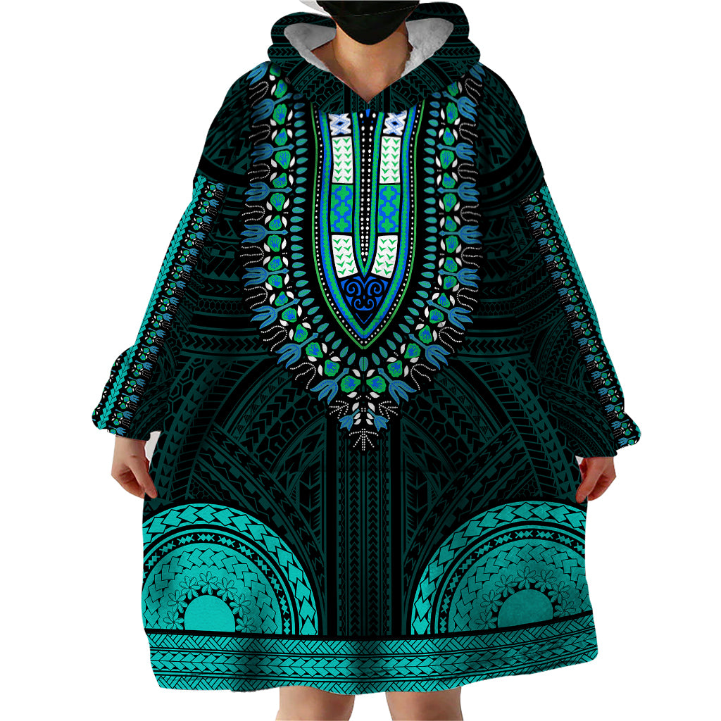 African Dashiki Wearable Blanket Hoodie With Polynesian Pattern - Teal - Wonder Print Shop