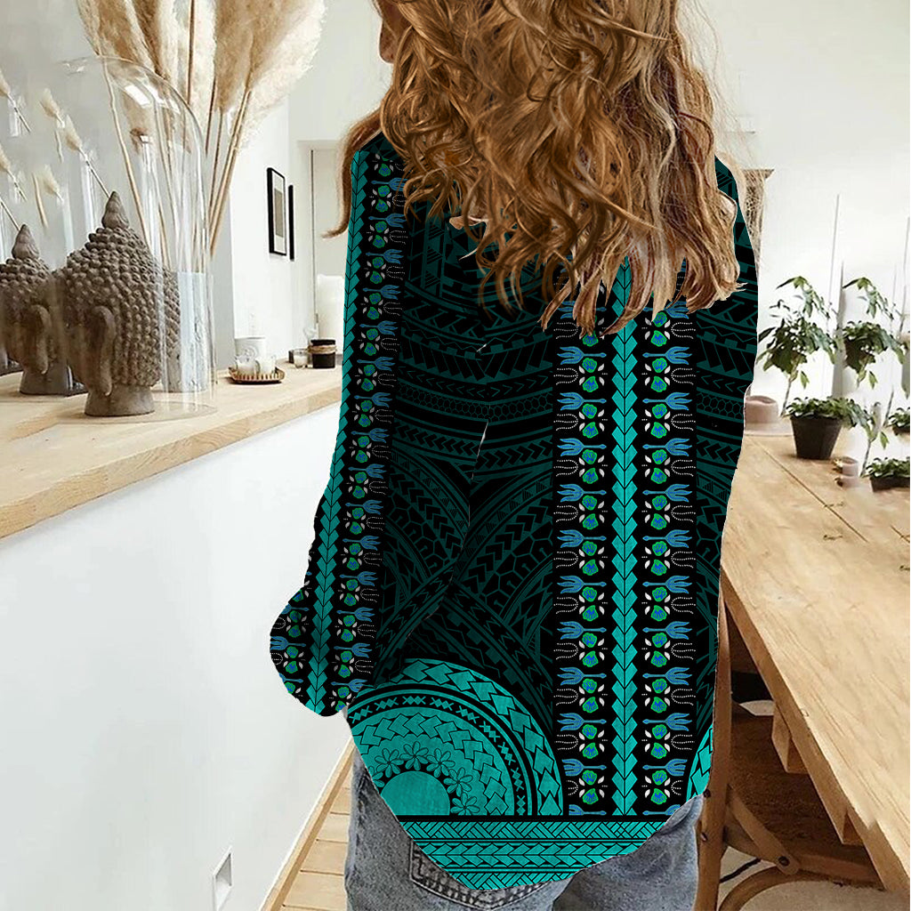 African Dashiki Women Casual Shirt With Polynesian Pattern - Teal - Wonder Print Shop