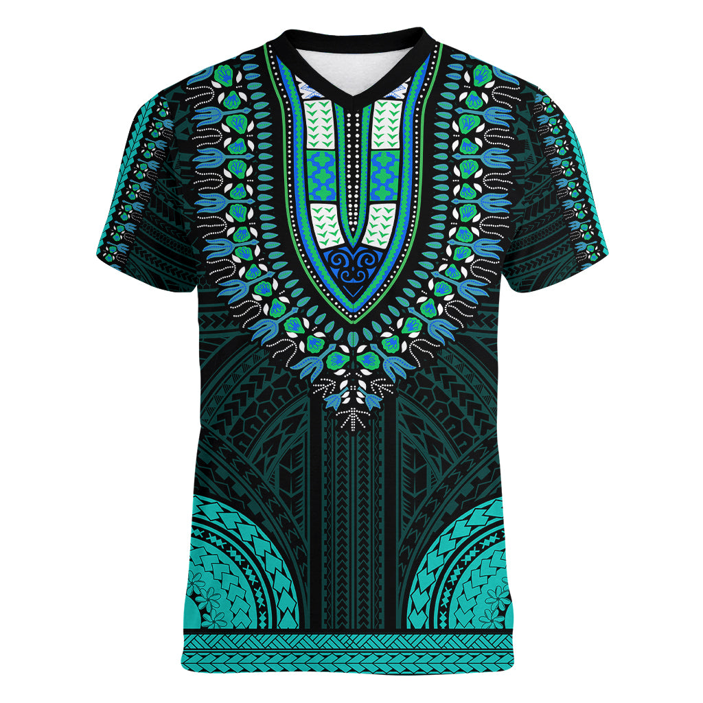 African Dashiki Women V Neck T Shirt With Polynesian Pattern - Teal - Wonder Print Shop