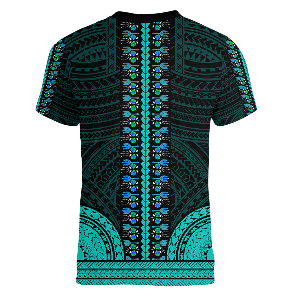 African Dashiki Women V Neck T Shirt With Polynesian Pattern - Teal - Wonder Print Shop