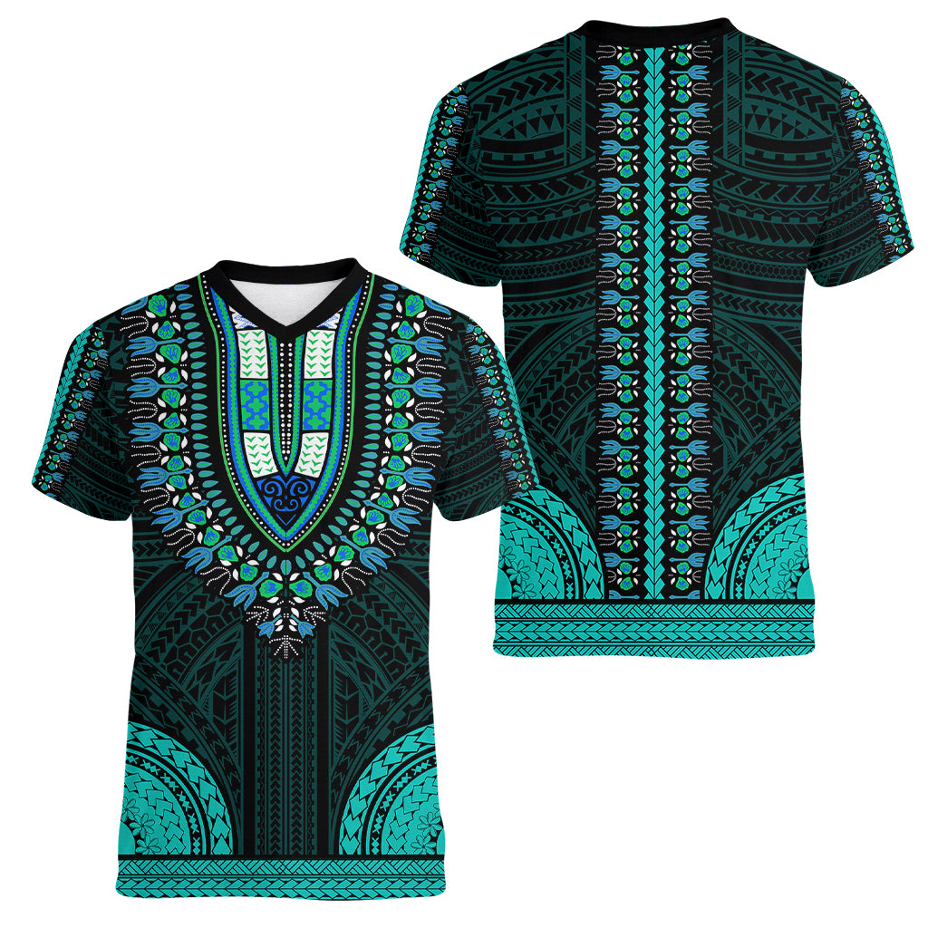 African Dashiki Women V Neck T Shirt With Polynesian Pattern - Teal - Wonder Print Shop