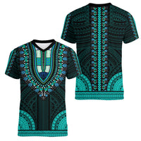 African Dashiki Women V Neck T Shirt With Polynesian Pattern - Teal - Wonder Print Shop