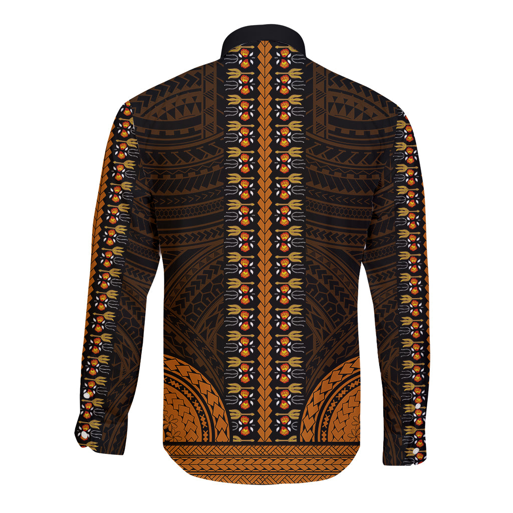 African Dashiki Long Sleeve Button Shirt With Polynesian Pattern - Gold - Wonder Print Shop