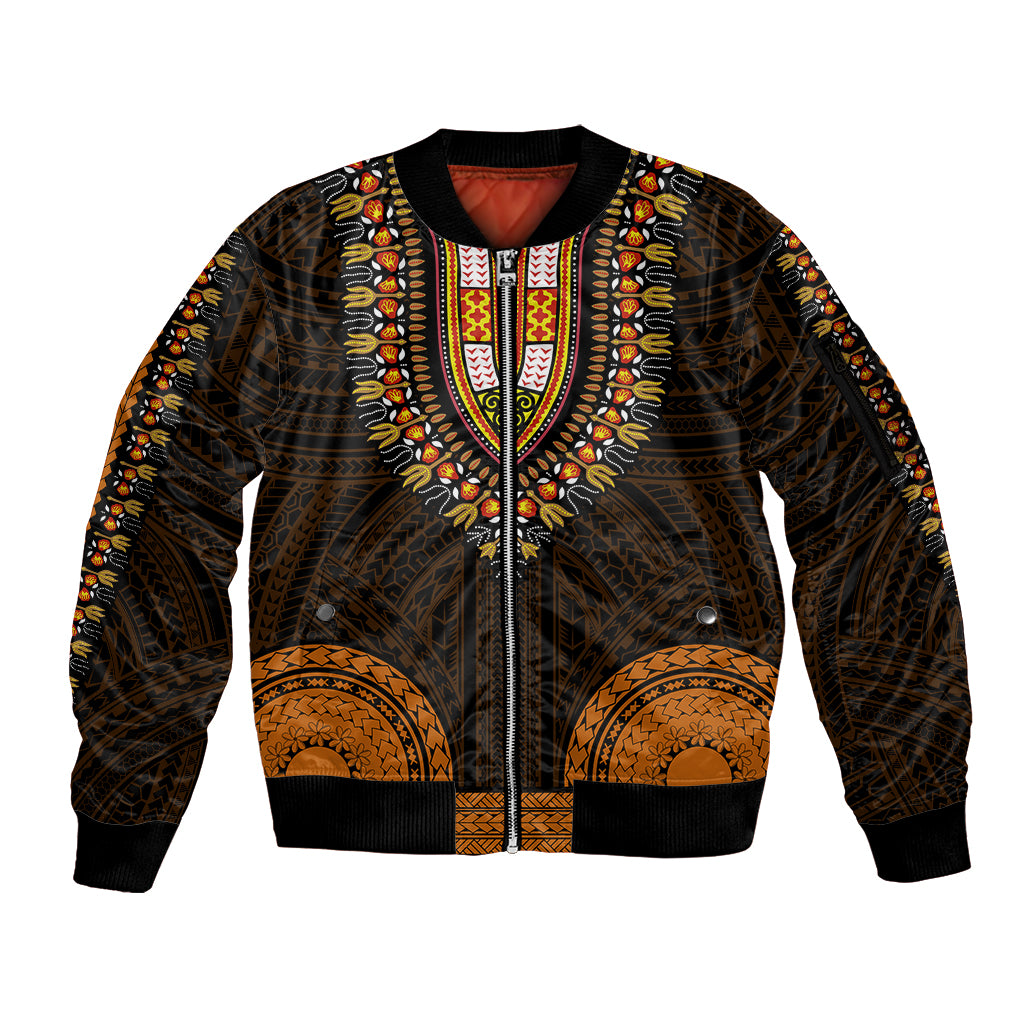 African Dashiki Sleeve Zip Bomber Jacket With Polynesian Pattern - Gold - Wonder Print Shop