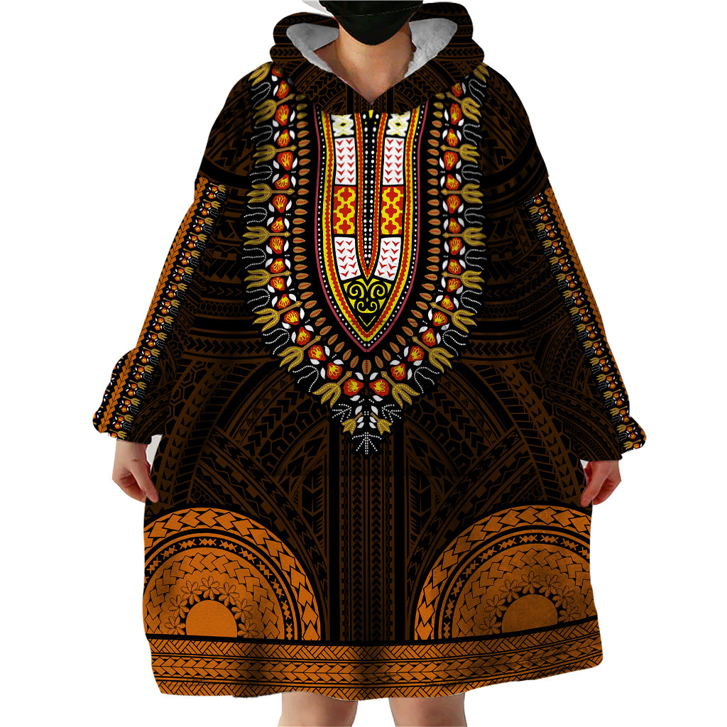 African Dashiki Wearable Blanket Hoodie With Polynesian Pattern - Gold - Wonder Print Shop