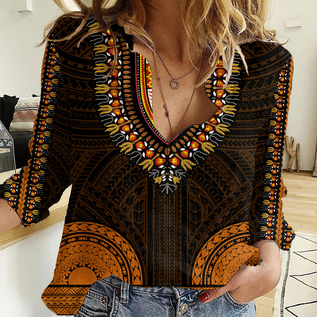 African Dashiki Women Casual Shirt With Polynesian Pattern - Gold - Wonder Print Shop