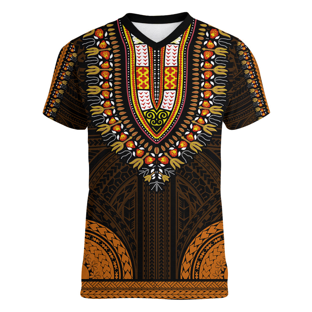 African Dashiki Women V Neck T Shirt With Polynesian Pattern - Gold - Wonder Print Shop