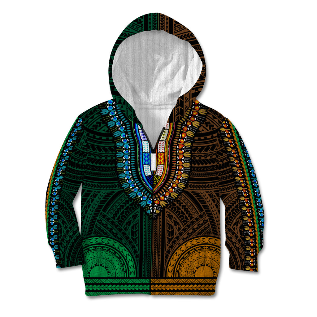 African Dashiki Kid Hoodie With Polynesian Pattern - Half Green and Gold - Wonder Print Shop