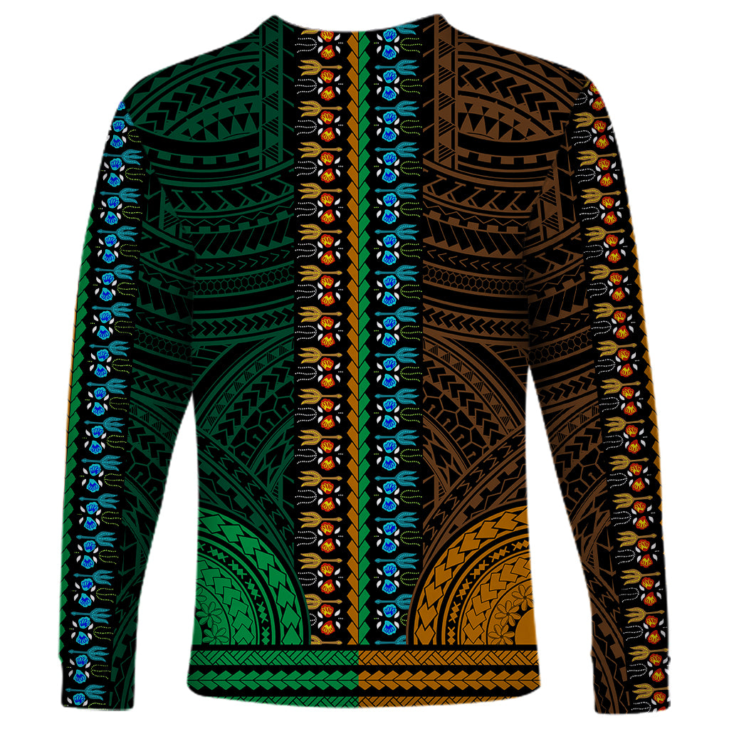 African Dashiki Long Sleeve Shirt With Polynesian Pattern - Half Green and Gold - Wonder Print Shop