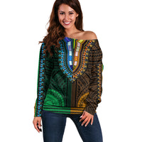 African Dashiki Off Shoulder Sweater With Polynesian Pattern - Half Green and Gold - Wonder Print Shop