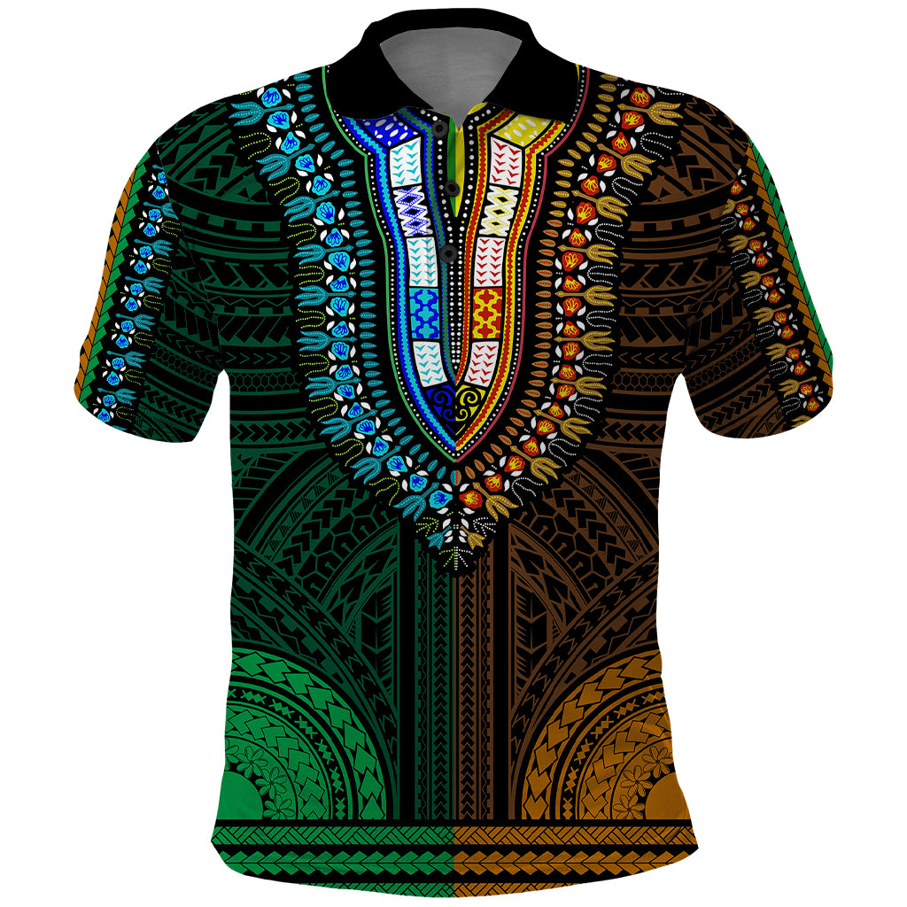 African Dashiki Polo Shirt With Polynesian Pattern - Half Green and Gold - Wonder Print Shop