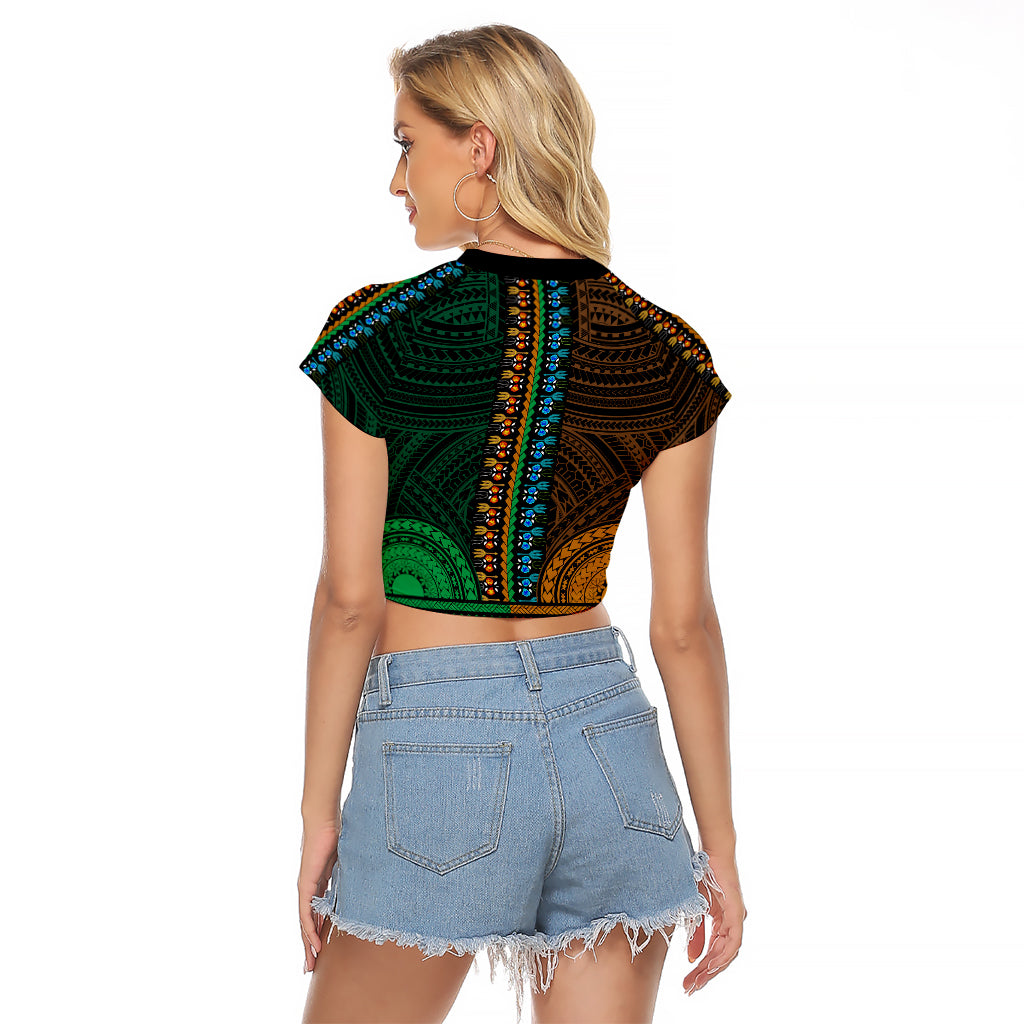 African Dashiki Raglan Cropped T Shirt With Polynesian Pattern - Half Green and Gold - Wonder Print Shop