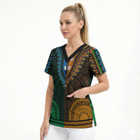 African Dashiki and Polynesian Pattern Scrub Top Half Green-Gold