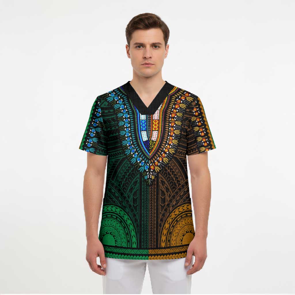 African Dashiki and Polynesian Pattern Scrub Top Half Green-Gold