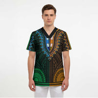 African Dashiki and Polynesian Pattern Scrub Top Half Green-Gold