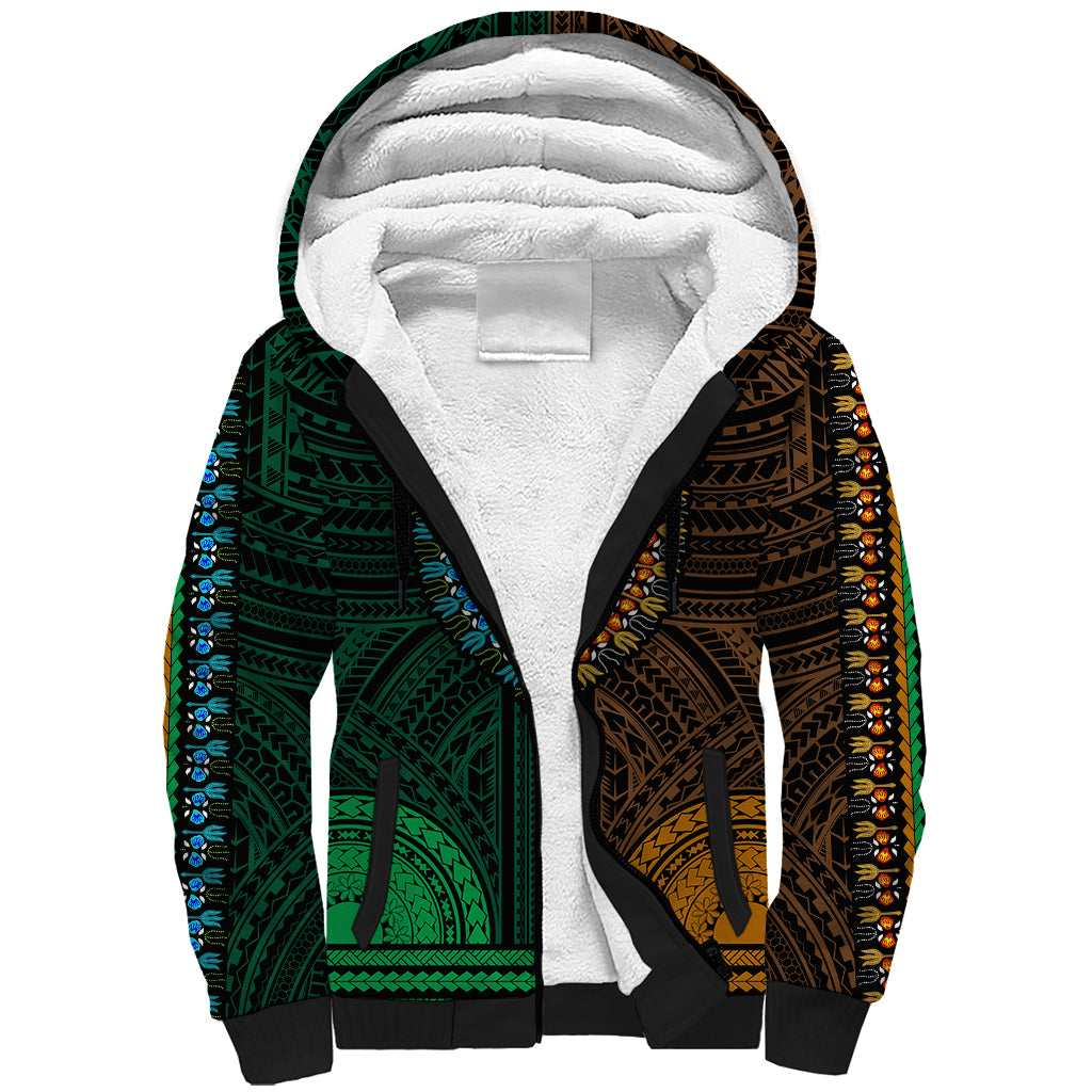 African Dashiki Sherpa Hoodie With Polynesian Pattern - Half Green and Gold - Wonder Print Shop