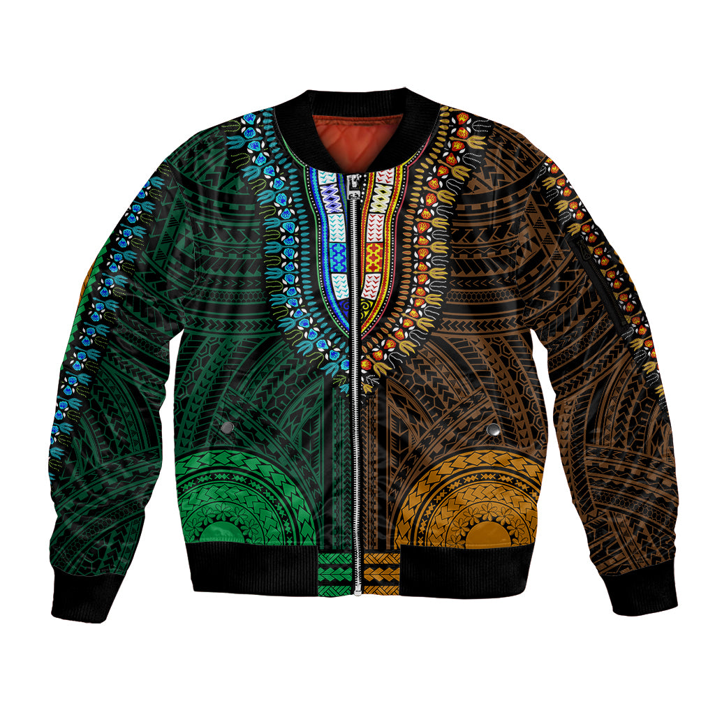 African Dashiki Sleeve Zip Bomber Jacket With Polynesian Pattern - Half Green and Gold - Wonder Print Shop
