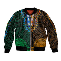 African Dashiki Sleeve Zip Bomber Jacket With Polynesian Pattern - Half Green and Gold - Wonder Print Shop