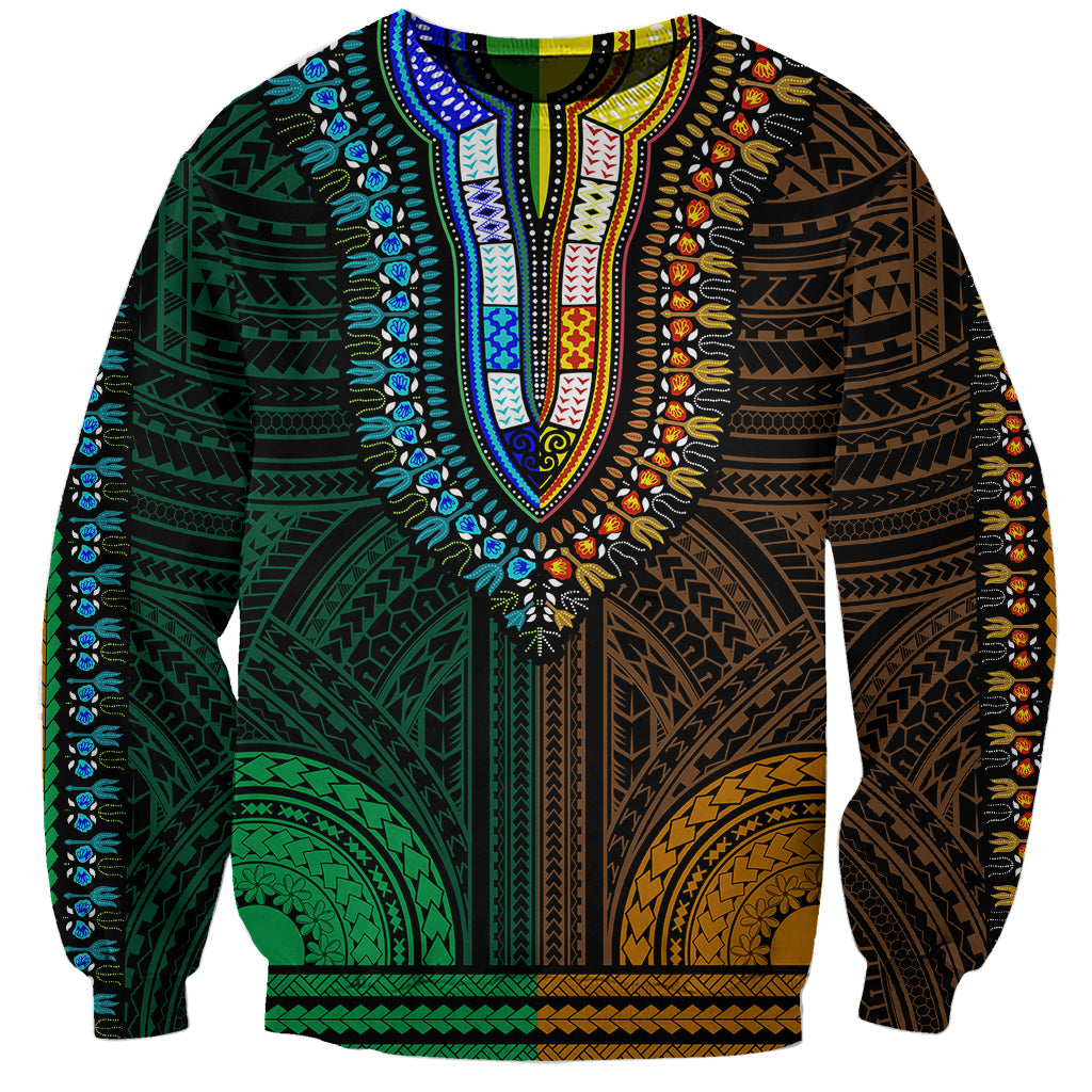 African Dashiki Sweatshirt With Polynesian Pattern - Half Green and Gold - Wonder Print Shop