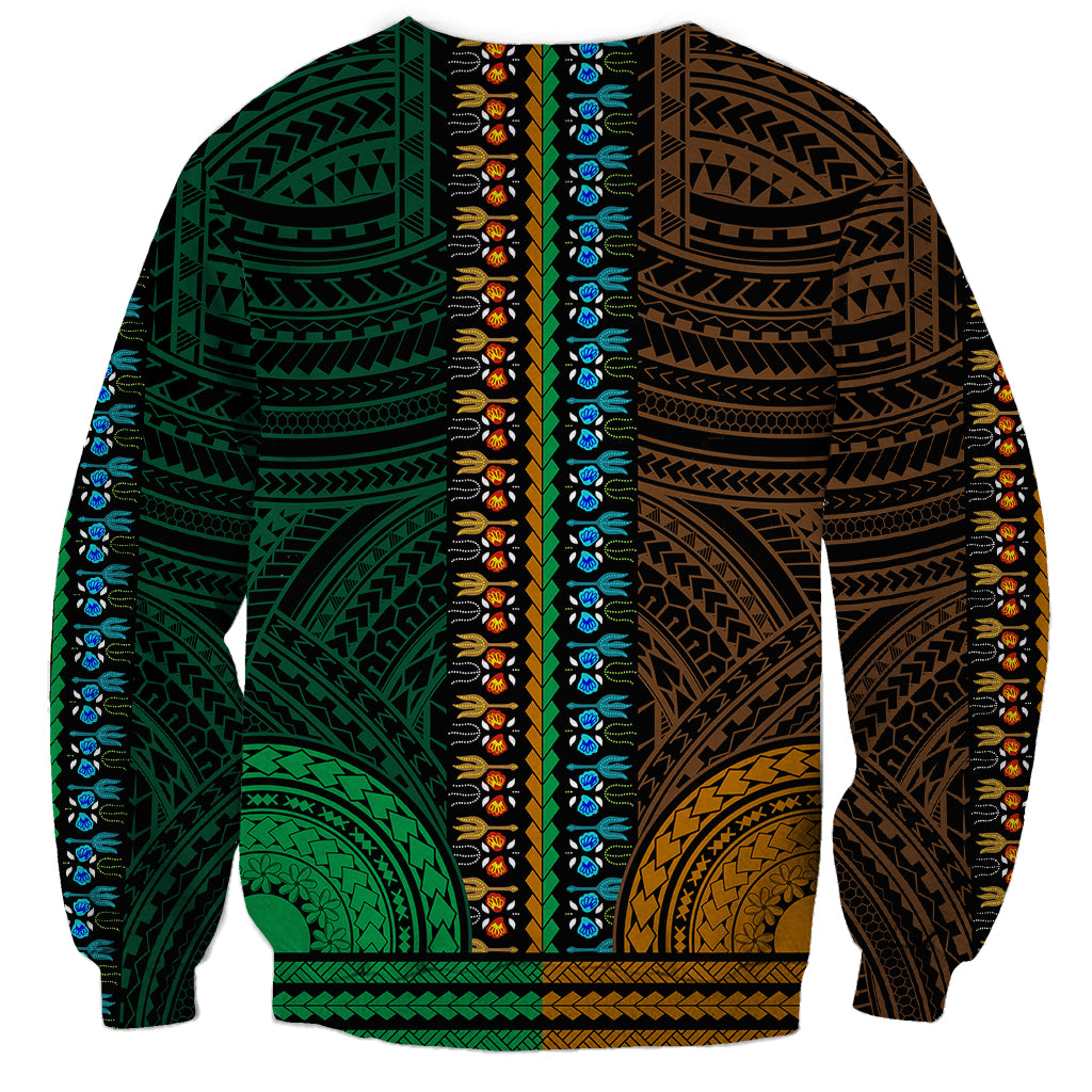 African Dashiki Sweatshirt With Polynesian Pattern - Half Green and Gold - Wonder Print Shop