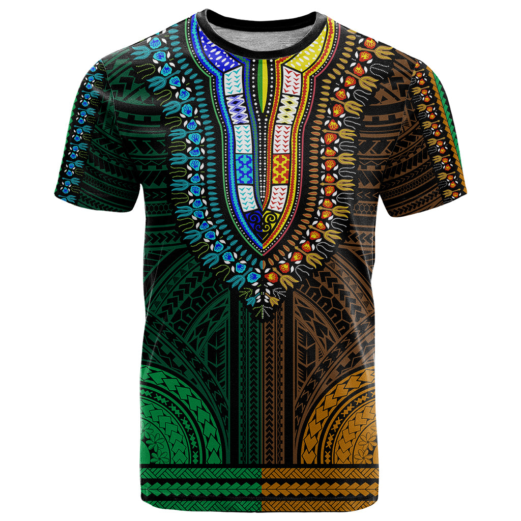 African Dashiki T Shirt With Polynesian Pattern - Half Green and Gold - Wonder Print Shop