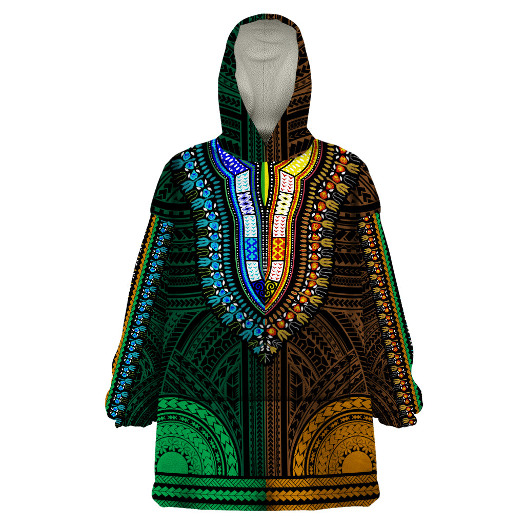 African Dashiki Wearable Blanket Hoodie With Polynesian Pattern - Half Green and Gold - Wonder Print Shop