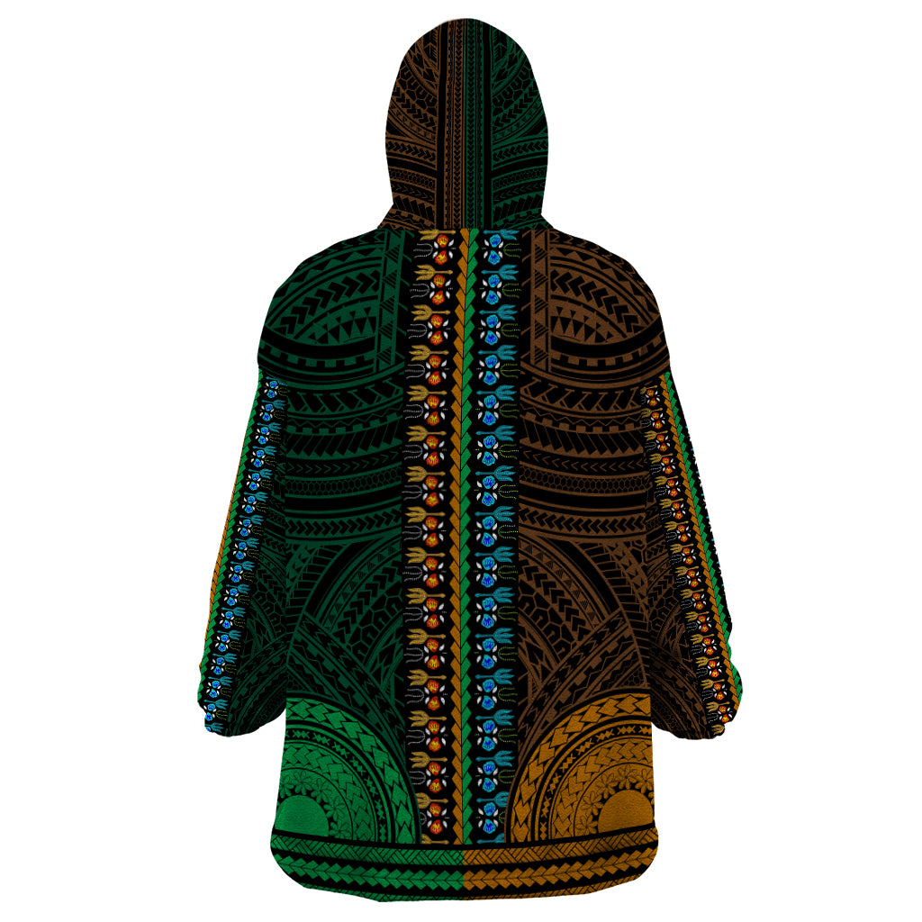 African Dashiki Wearable Blanket Hoodie With Polynesian Pattern - Half Green and Gold - Wonder Print Shop