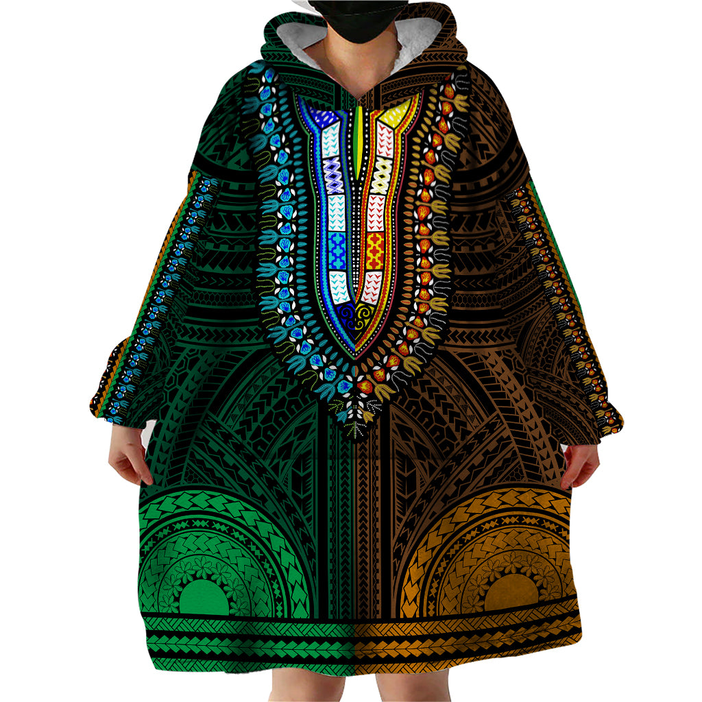 African Dashiki Wearable Blanket Hoodie With Polynesian Pattern - Half Green and Gold - Wonder Print Shop