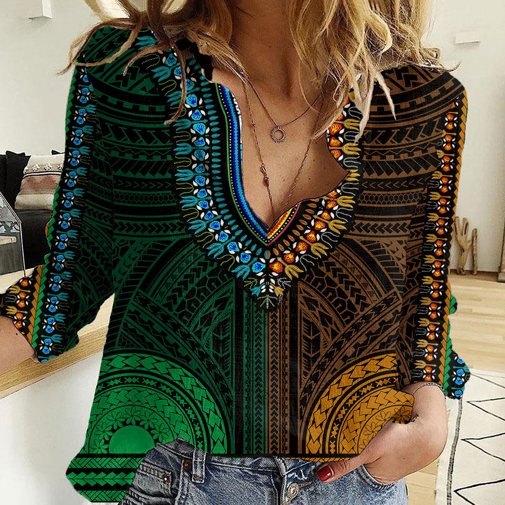African Dashiki Women Casual Shirt With Polynesian Pattern - Half Green and Gold - Wonder Print Shop