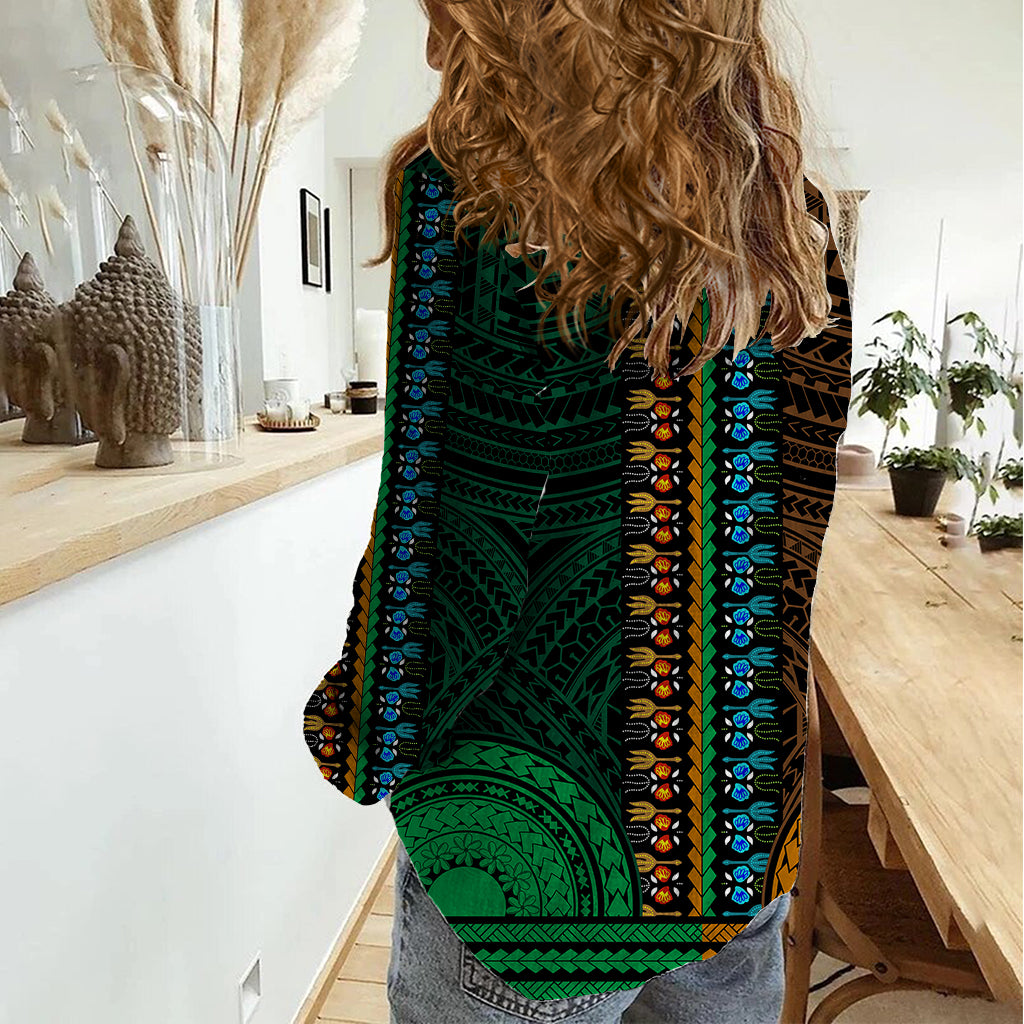 African Dashiki Women Casual Shirt With Polynesian Pattern - Half Green and Gold - Wonder Print Shop