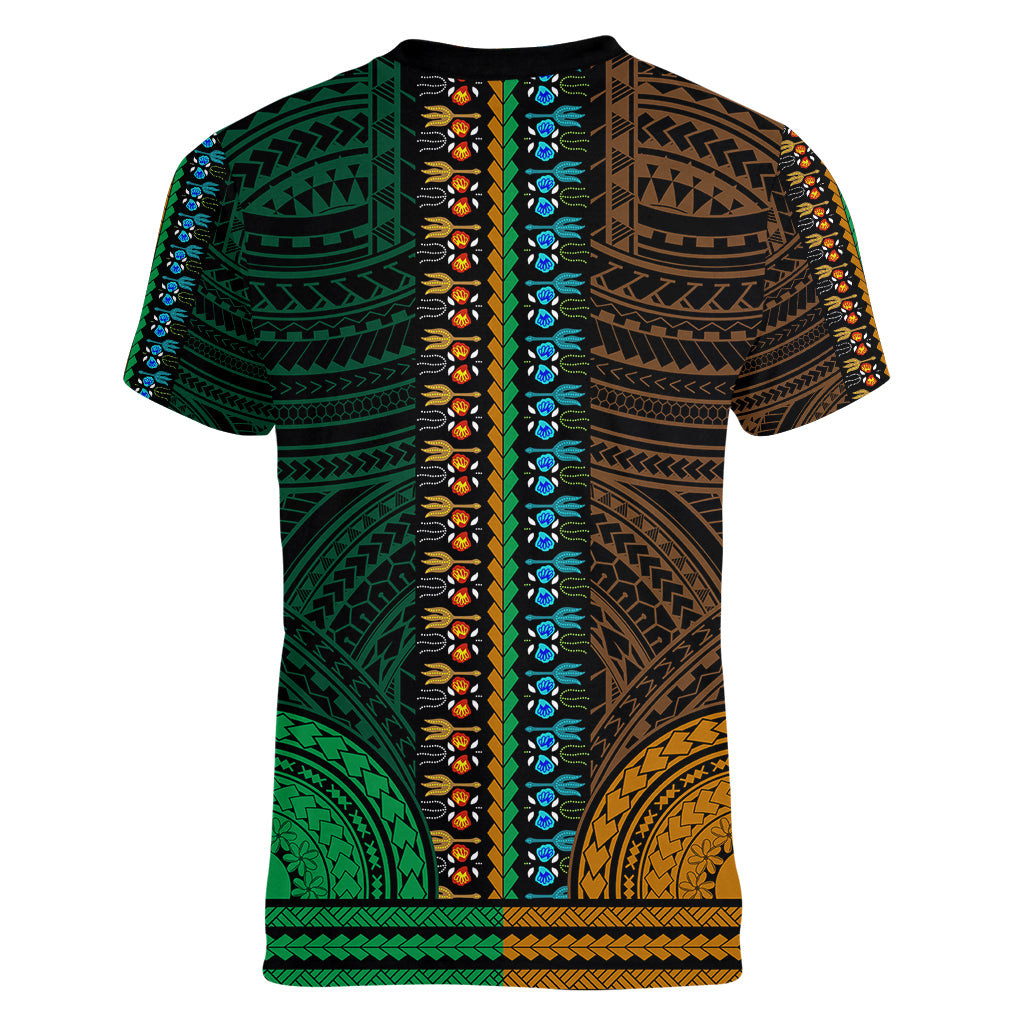 African Dashiki Women V Neck T Shirt With Polynesian Pattern - Half Green and Gold - Wonder Print Shop