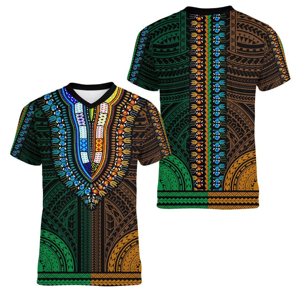African Dashiki Women V Neck T Shirt With Polynesian Pattern - Half Green and Gold - Wonder Print Shop