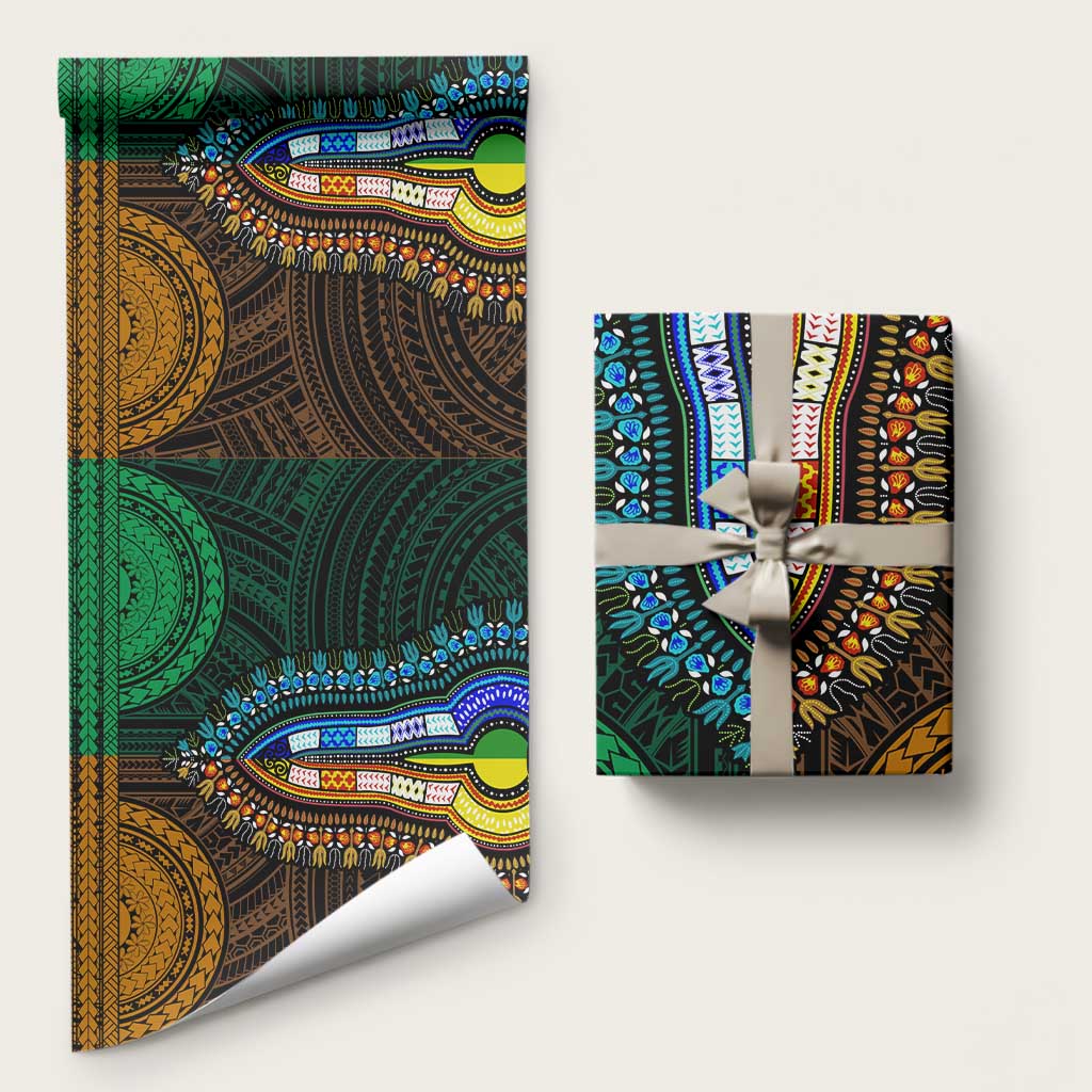 African Dashiki and Polynesian Pattern Wrapping Paper Half Green-Gold - Wonder Print Shop