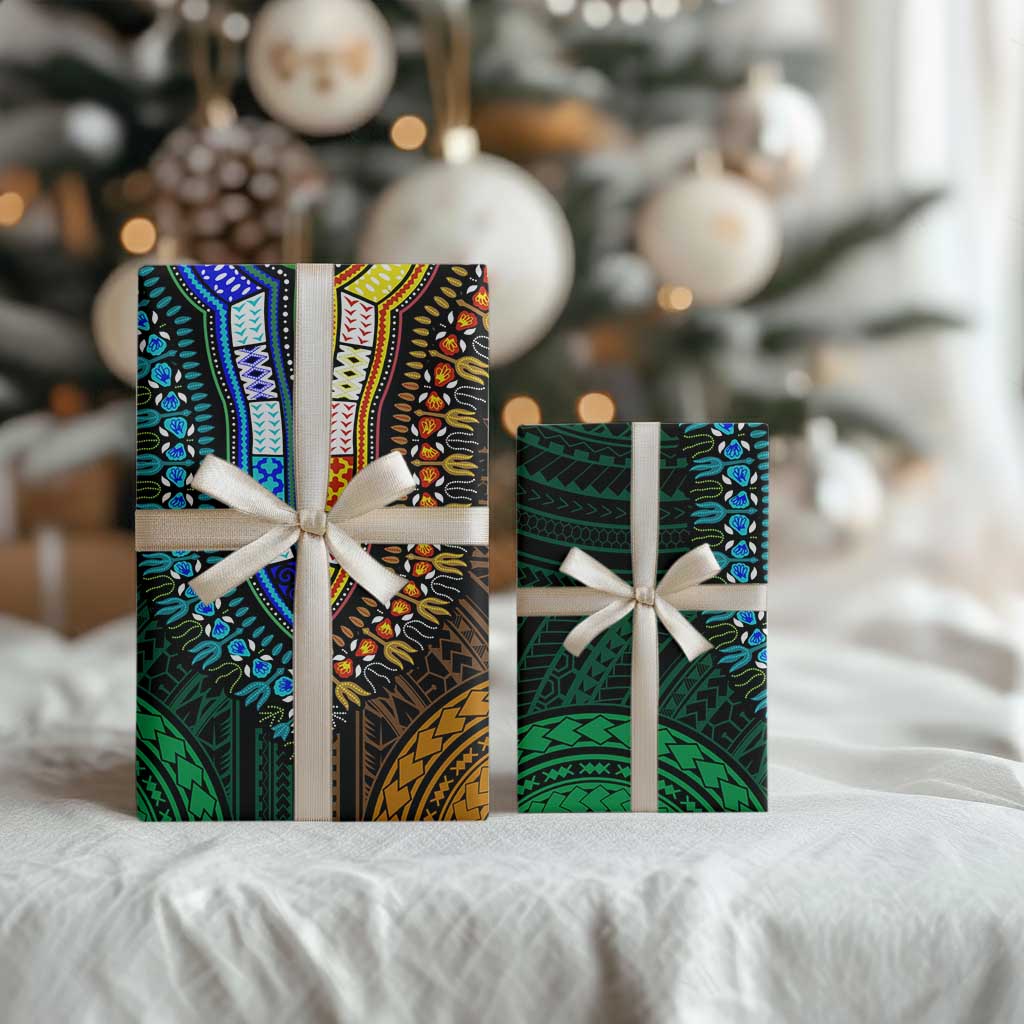 African Dashiki and Polynesian Pattern Wrapping Paper Half Green-Gold - Wonder Print Shop