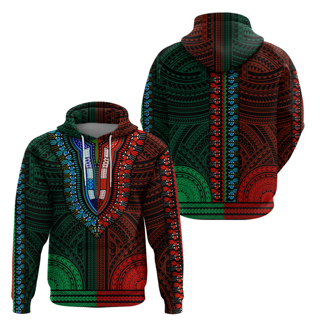 African Dashiki Hoodie With Polynesian Pattern - Half Green and Red - Wonder Print Shop