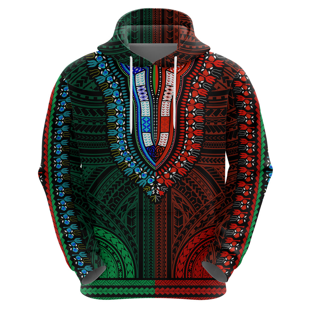 African Dashiki Hoodie With Polynesian Pattern - Half Green and Red - Wonder Print Shop