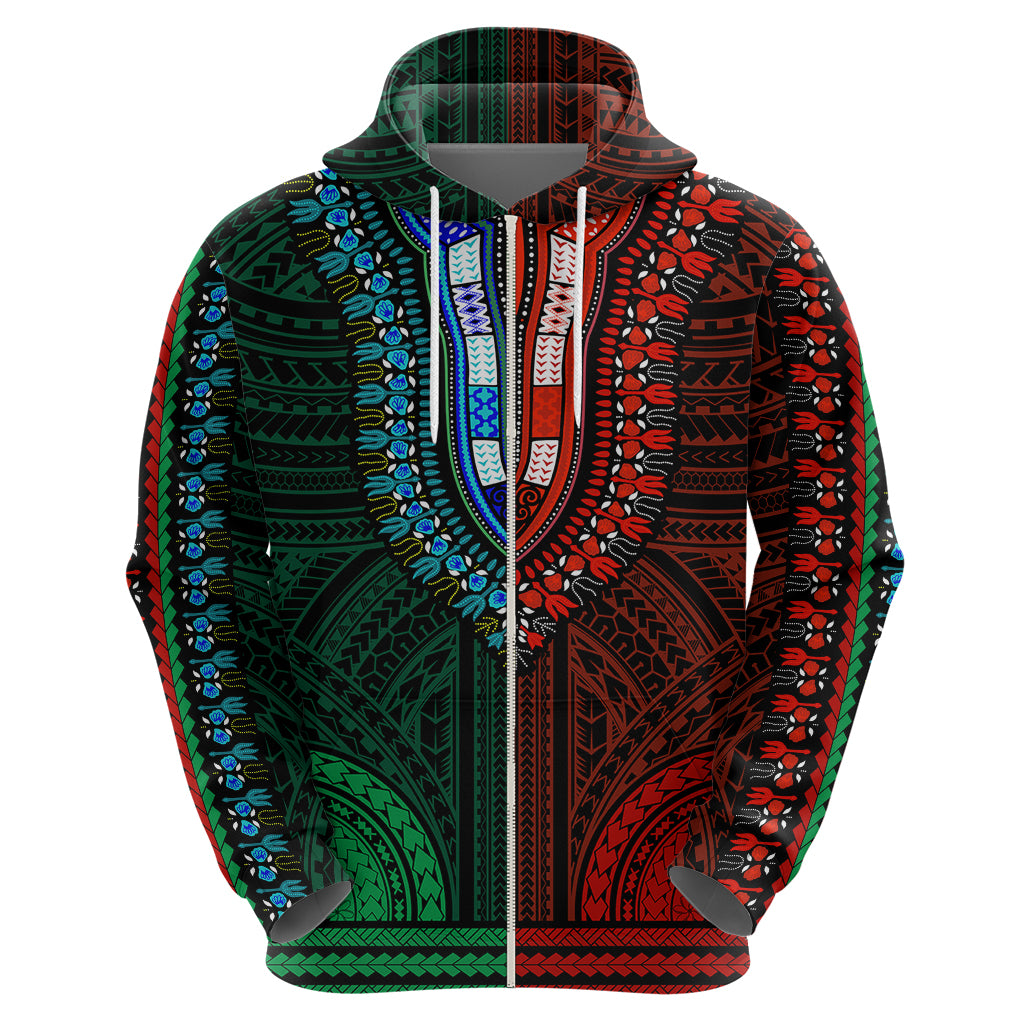 African Dashiki Hoodie With Polynesian Pattern - Half Green and Red - Wonder Print Shop