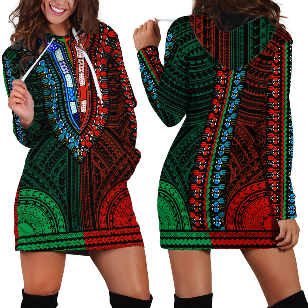 African Dashiki Hoodie Dress With Polynesian Pattern - Half Green and Red - Wonder Print Shop