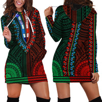African Dashiki Hoodie Dress With Polynesian Pattern - Half Green and Red - Wonder Print Shop