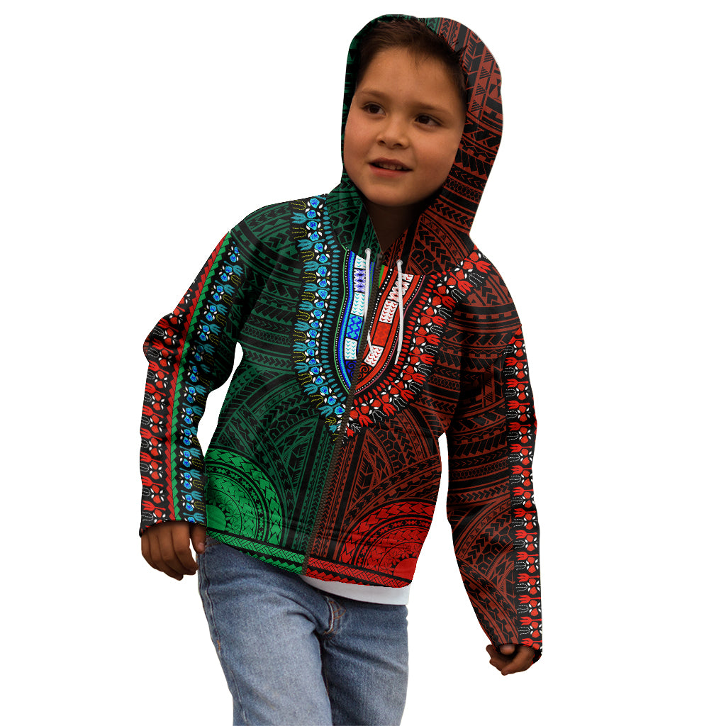 African Dashiki Kid Hoodie With Polynesian Pattern - Half Green and Red - Wonder Print Shop