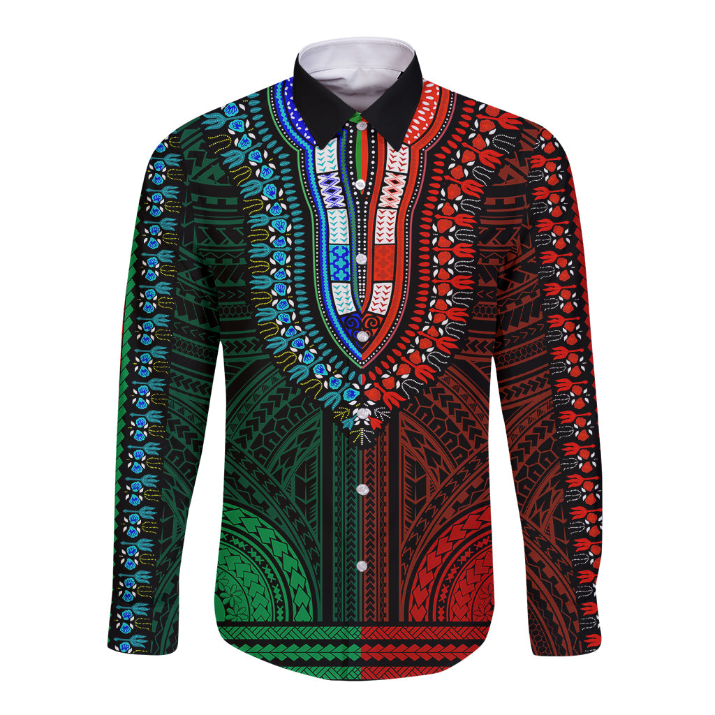 African Dashiki Long Sleeve Button Shirt With Polynesian Pattern - Half Green and Red - Wonder Print Shop