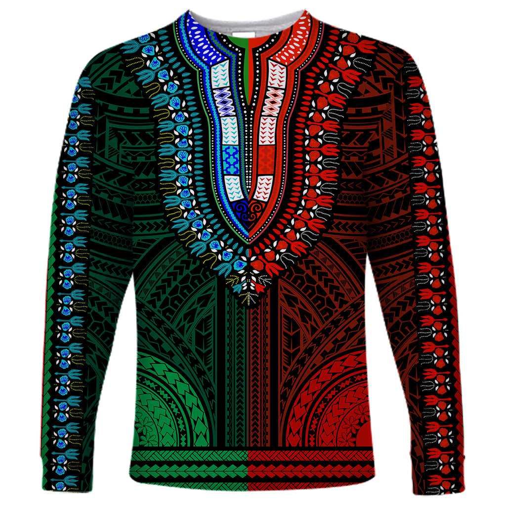 African Dashiki Long Sleeve Shirt With Polynesian Pattern - Half Green and Red - Wonder Print Shop
