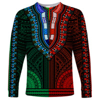 African Dashiki Long Sleeve Shirt With Polynesian Pattern - Half Green and Red - Wonder Print Shop