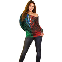 African Dashiki Off Shoulder Sweater With Polynesian Pattern - Half Green and Red - Wonder Print Shop