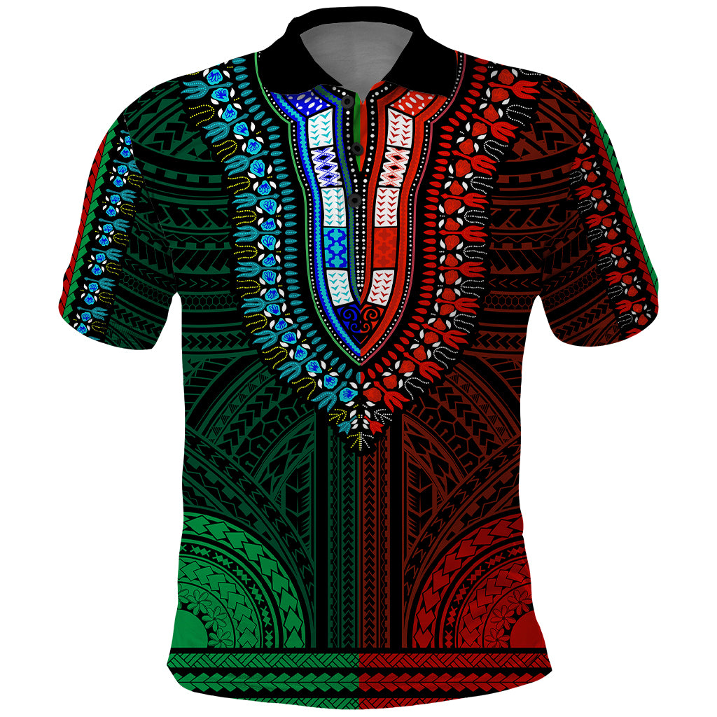 African Dashiki Polo Shirt With Polynesian Pattern - Half Green and Red - Wonder Print Shop