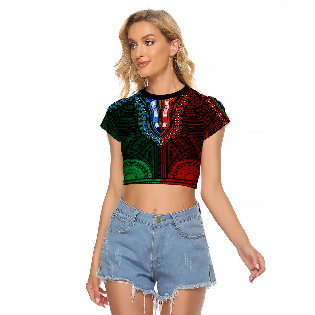 African Dashiki Raglan Cropped T Shirt With Polynesian Pattern - Half Green and Red - Wonder Print Shop