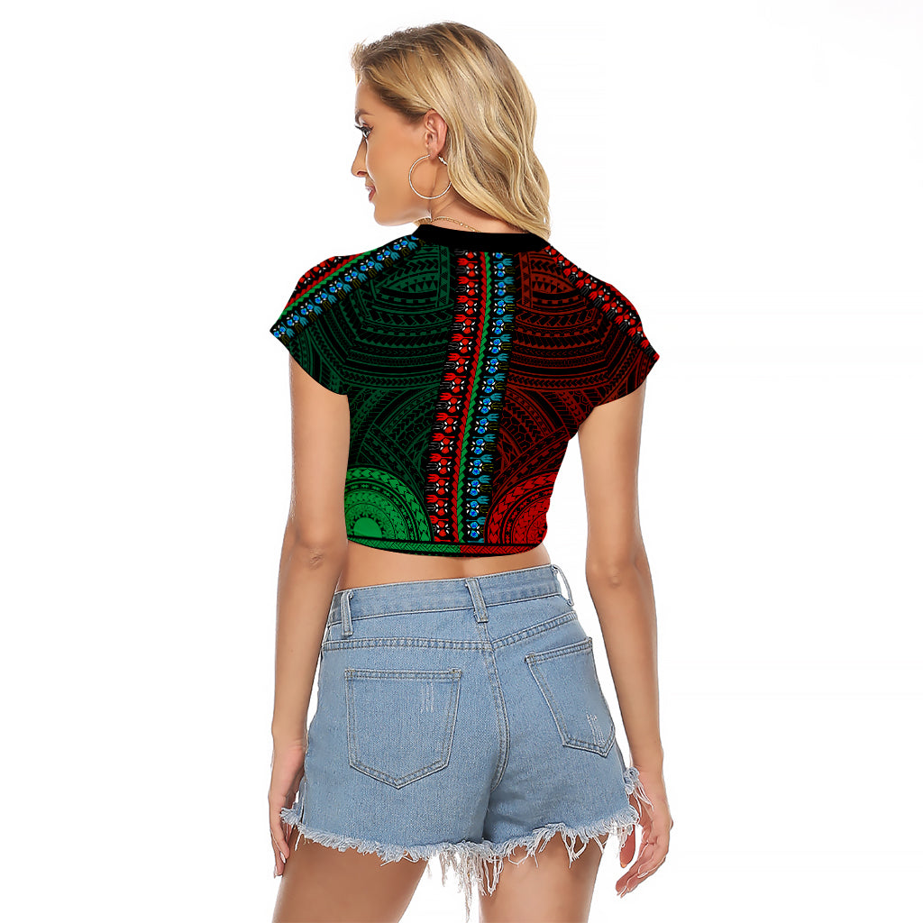 African Dashiki Raglan Cropped T Shirt With Polynesian Pattern - Half Green and Red - Wonder Print Shop